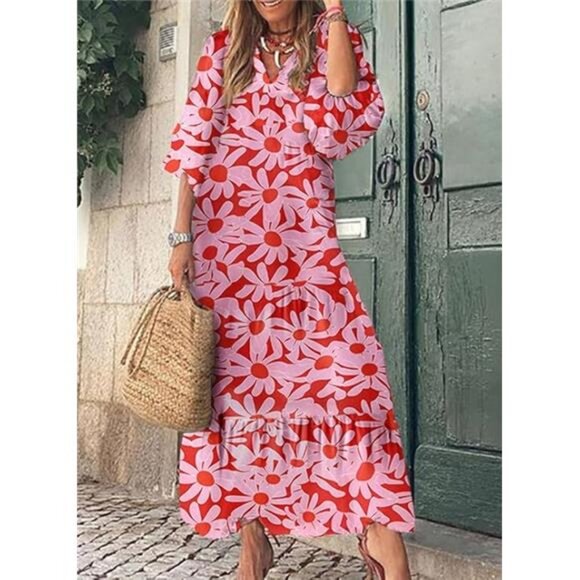 Women’s Boho Maxi Dress 2024 - V Neck, Long‎ Puff Sleeves, Smocked, Ruffle, Flow - Picture 2 of 3